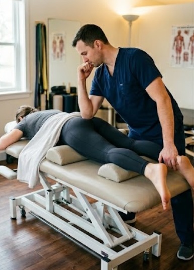 Physiotherapist treating lower body neuromuscular techniques lower back pain with manual therapy