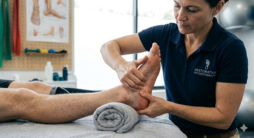 Therapist treating plantar fascitis with manual therapy