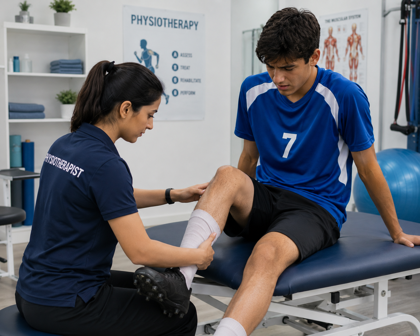 Sports physiotherapist treating a football player during rehabilitation at physiotherapy clinic in Sharjah