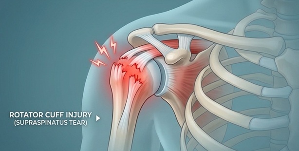 Physiotherapist performing rotator cuff rehabilitation exercises for shoulder injury