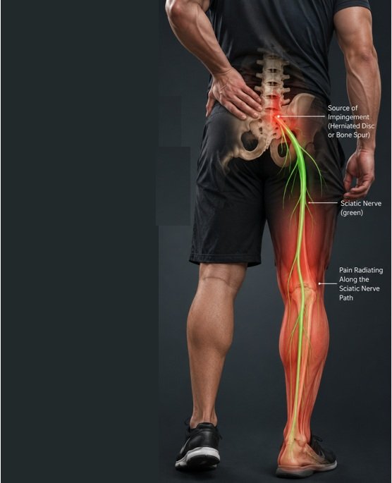 Sciatica pain radiating from lower back to leg illustration