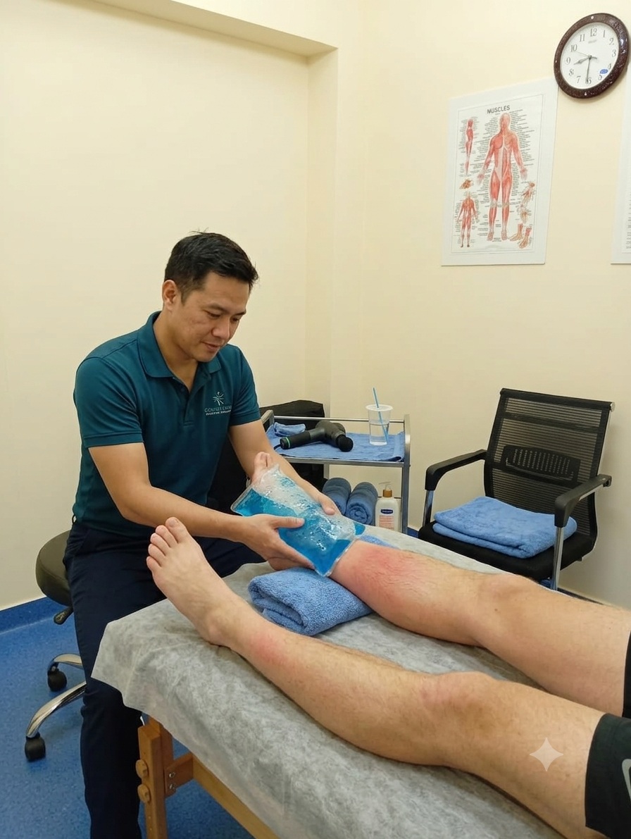 Therapist treating shin splint at Tam physio rehab clinic Sharjah