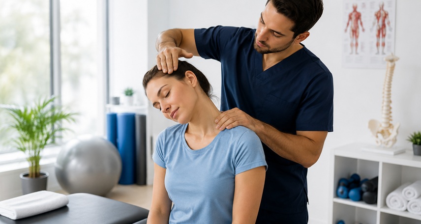 Patient experiencing improved neck mobility after physiotherapy treatment