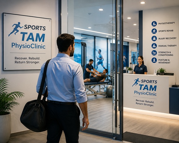 Ahmed entering to a Physio and Sports Rehab Clinic