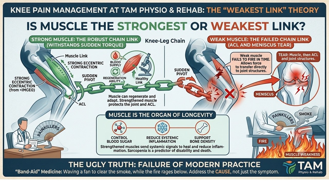 Muscles can be Strongest link or weakest link in he contest of healthy joint