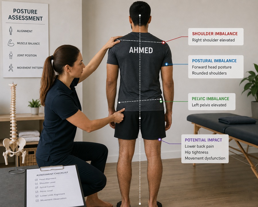 Physiotherapist assessing Ahmed's posture for chronic neck and back pain.