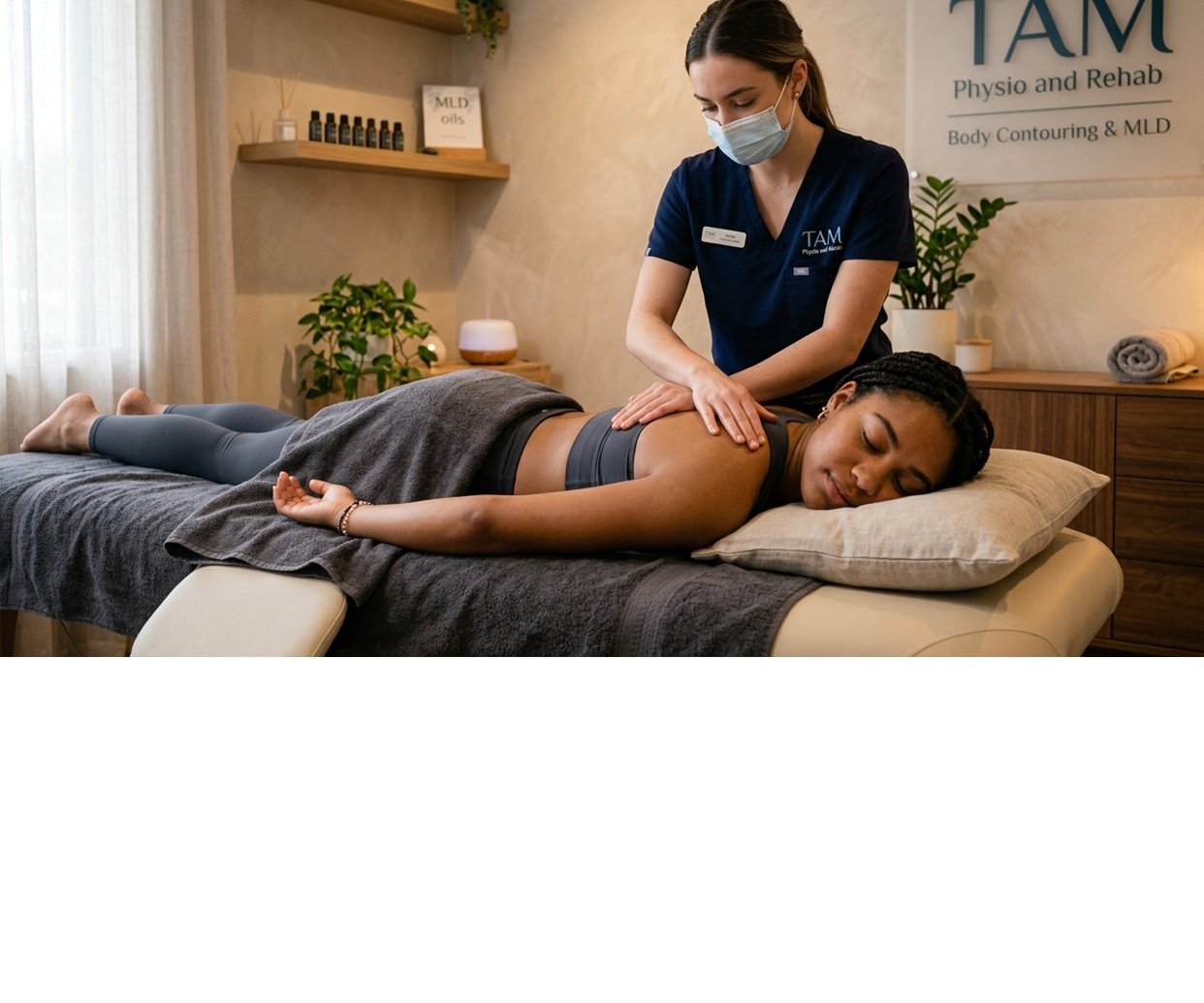 Gen Z client enjoying a relaxing body contouring MLD session at TAM Physio and Rehab clinic