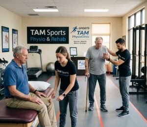 Stroke patient getting treatment (special weight bearing treadmill at TAM Physio & Rehab Clinic-Sharjah