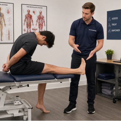 Our Story 4 physiotherapist assessing low back pain in a patient at TAM Physio & Rehab Clinic-Sharjah